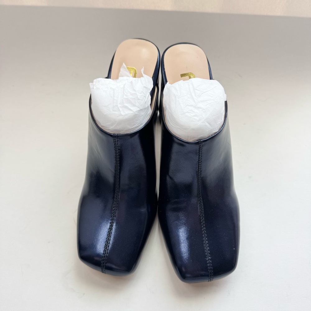 Size 8 Mules FSJ Women Closed Squared Toe Slip On High Heel Mule Dark Blue